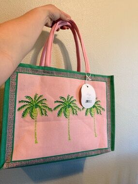 Pink Canvas Tote with Green Palm Motif